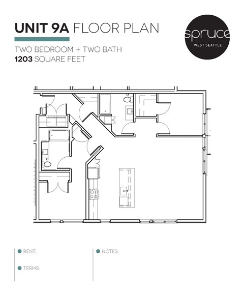 Floor plan for 2 beds, 2 baths